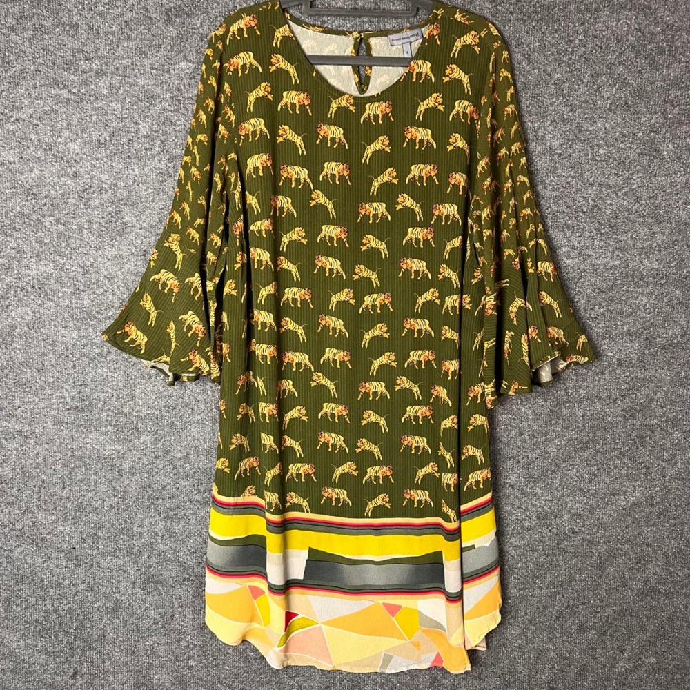 Anthropologie Conditions Apply Shirt Dress XL Green Tiger Print Bell Sleeve